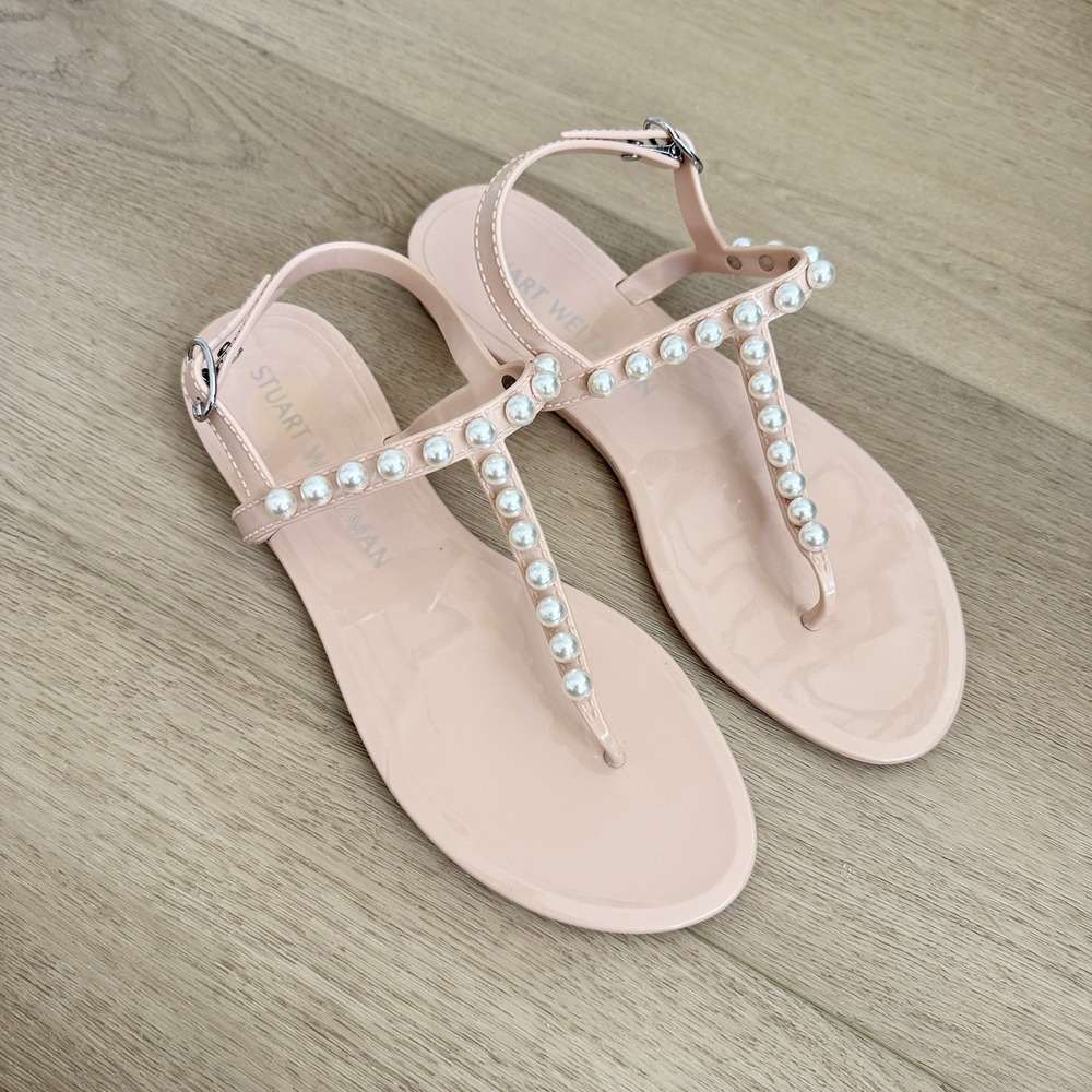 Stuart Weitzman Women's Goldie Pearly Stud Jelly Sandals Size 9 Embellish Strap